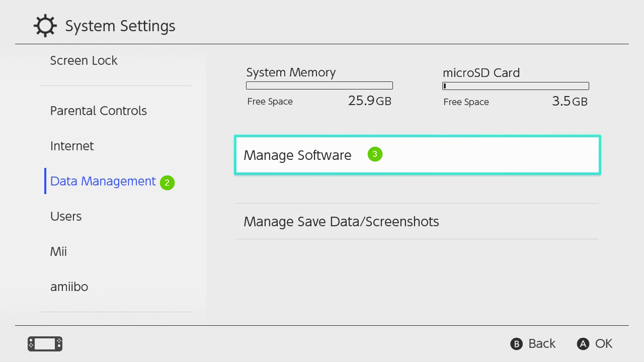 Nintendo Switch system settings menu highlighting the data management and manage software options.