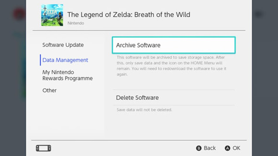 Nintendo Switch game data management screen highlighting available options.