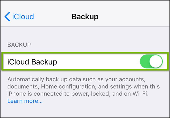 iOS iCloud backup settings highlighting the on off toggle switch.