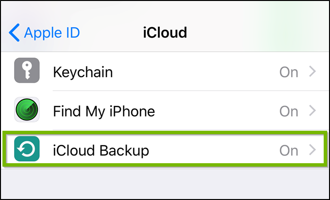 iOS iCloud settings menu highlighting iCloud backup.