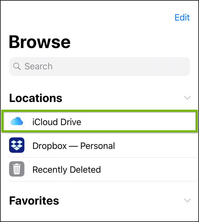 Files app highlighting the iCloud drive option.