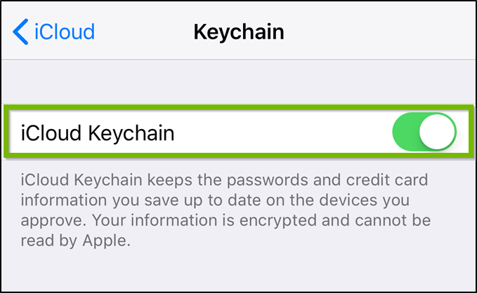 iCloud keychain menu highlighting the keychain toggle switch.