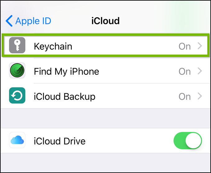 iCloud settings menu with keychain option highlighted.