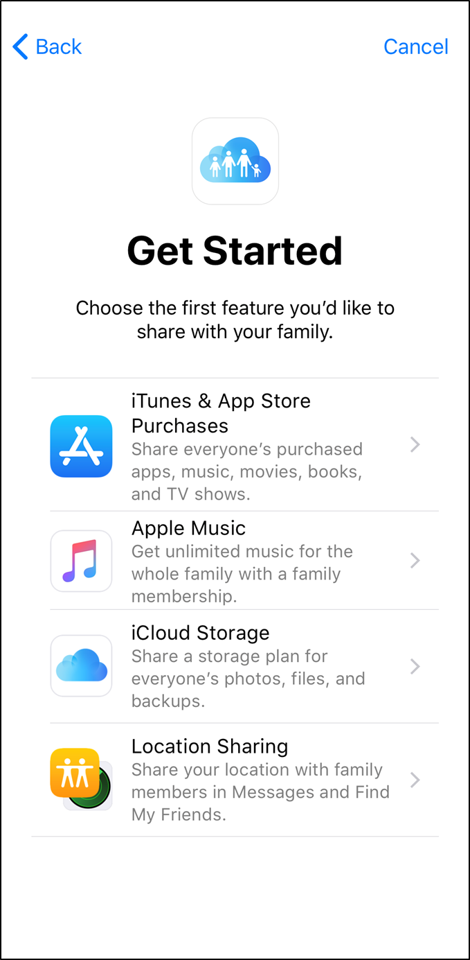 iOS Family sharing screen displaying available features.