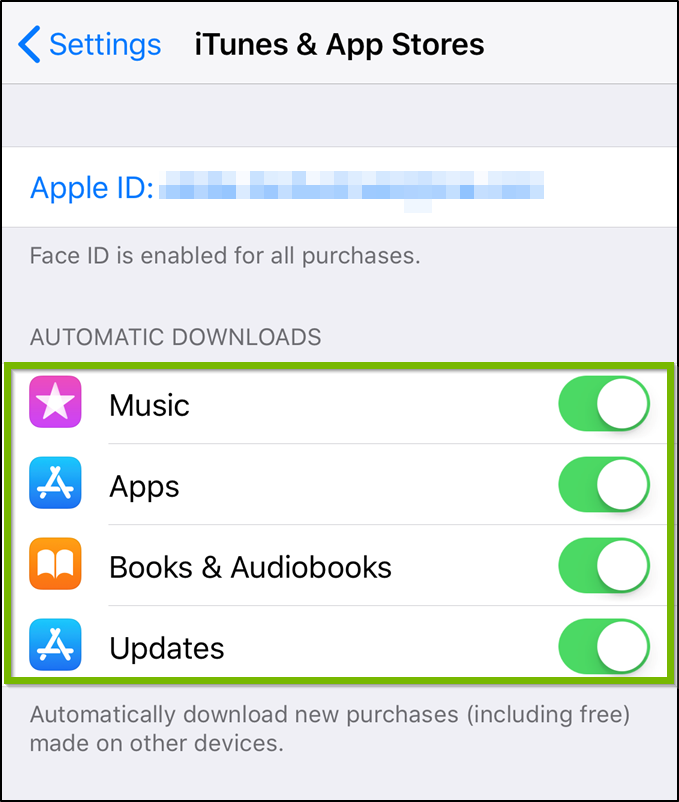 iTunes and app store settings highlighting the toggle switches within.