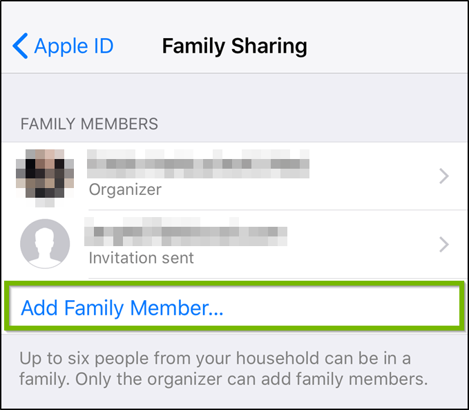 iOS Family Sharing menu highlighting the add family member option.