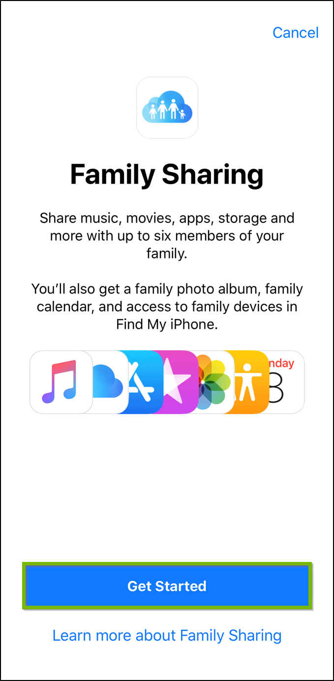 iOS Family sharing welcome screen with get started button highlighted.