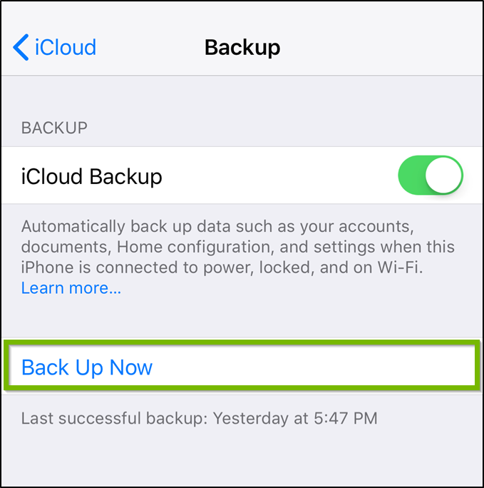 iOS iCloud backup settings highlighting the back up now option.