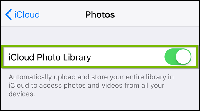 iCloud photos menu with the toggle switch highlighted.