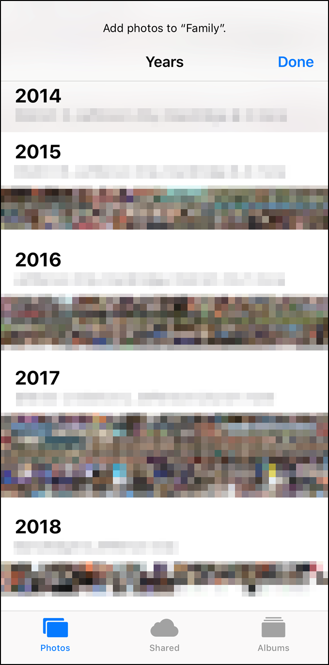 Photos app displaying photo library items to be added to a shared album.