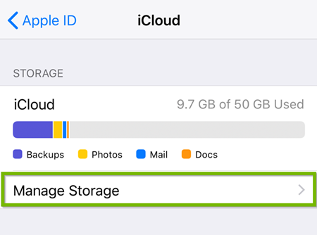 iOS icloud stroage settings showing manage storage selected