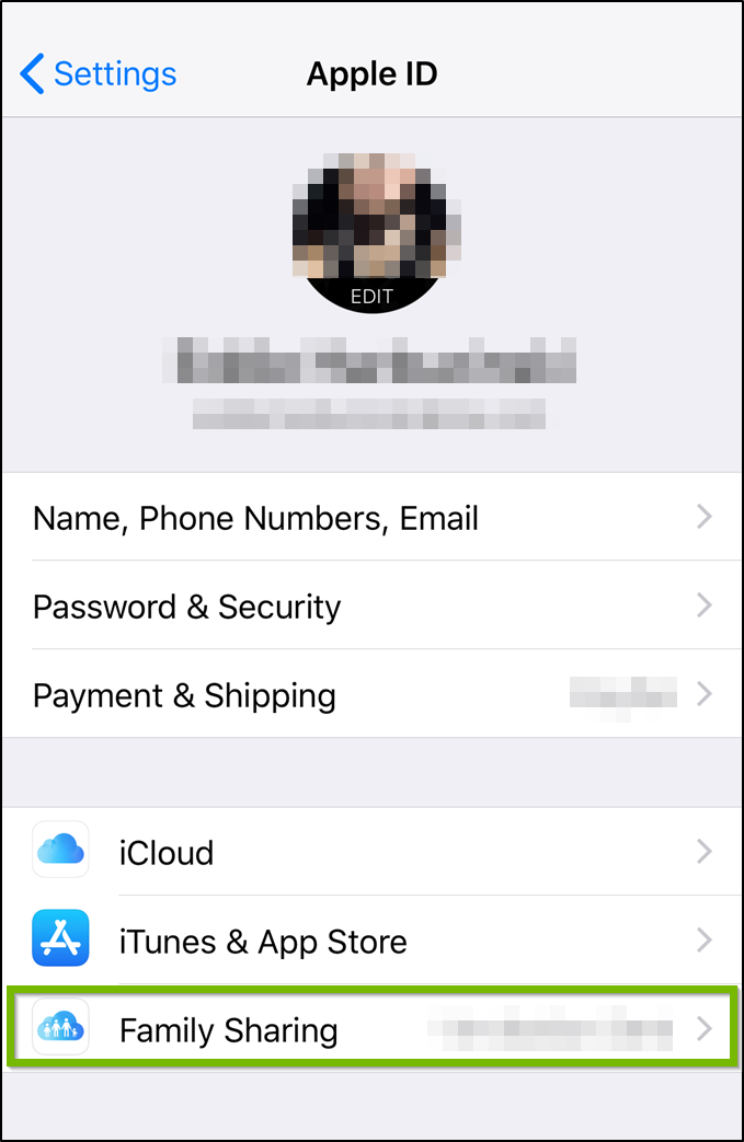 iOS Apple ID menu highlighting the family sharing option.