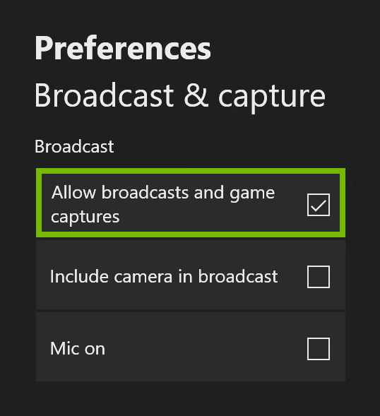 Allow broadcasts and game captures option highlighted in Xbox One settings.