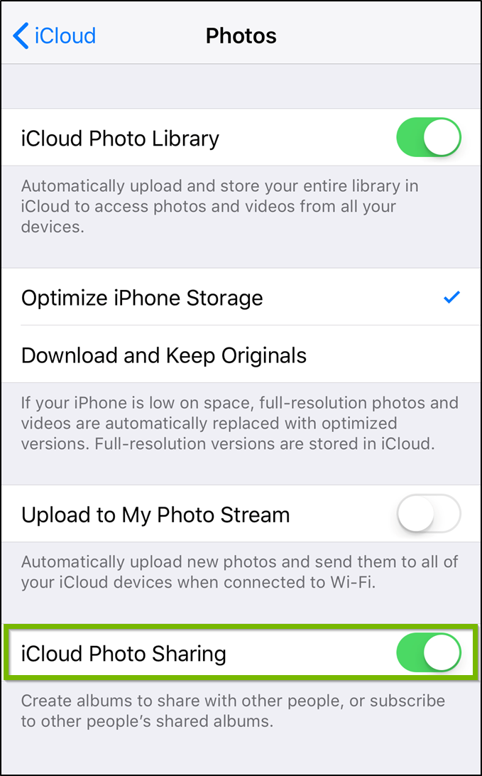iCloud photos settings highlighting the icloud photo sharing toggle switch.