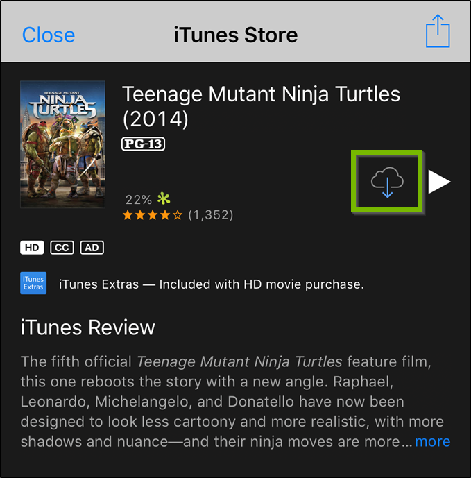 iTunes store page highlighting the iCloud download button.