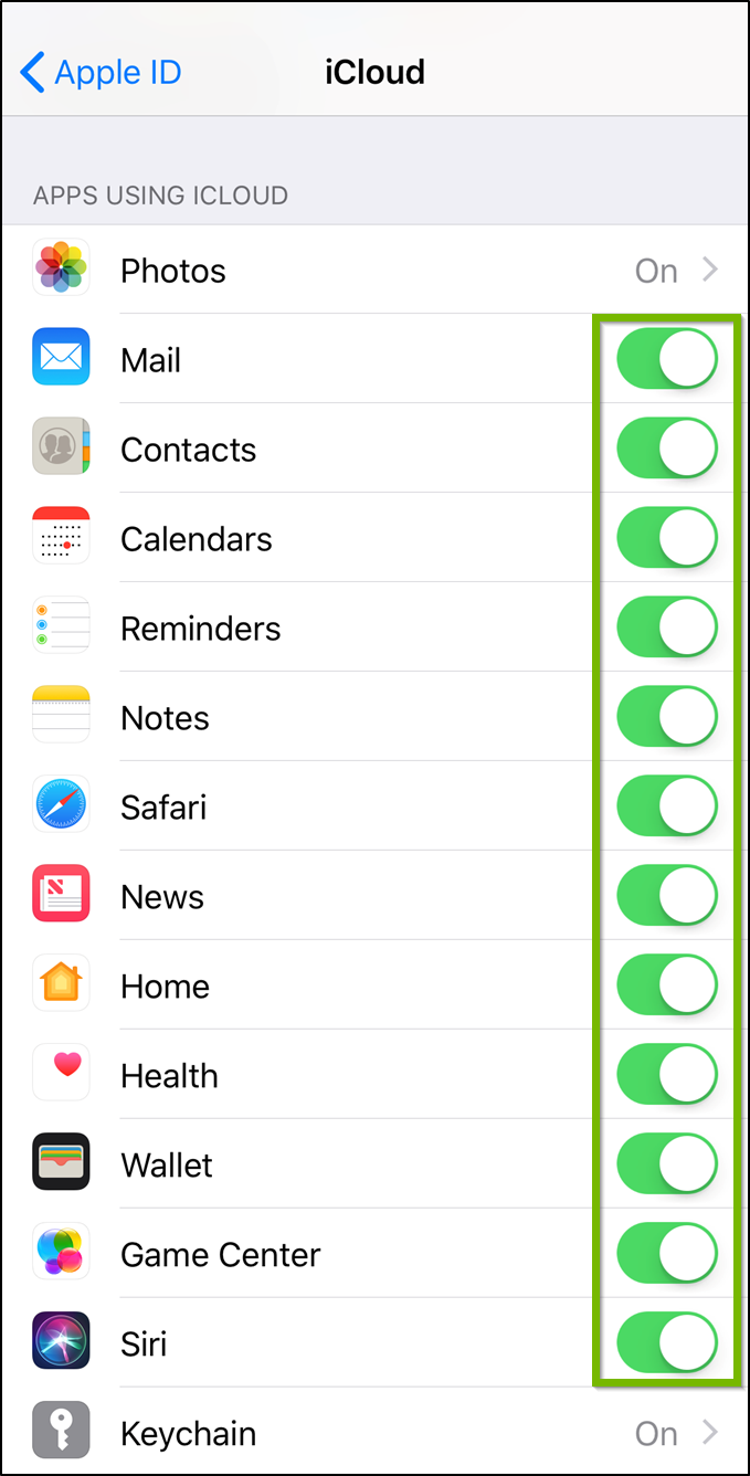 iCloud settings screen highlighting toggle switches for multiple apps.