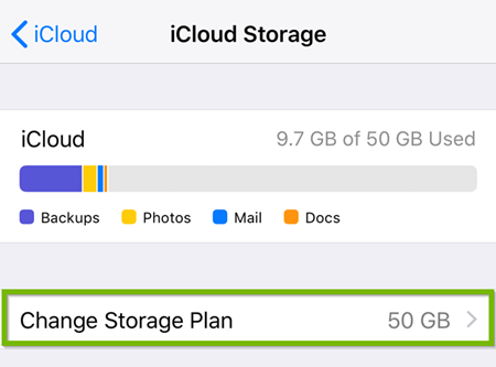 iOS icloud change storage plan