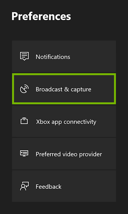 Broadcast & capture option highlighted in Xbox One settings.