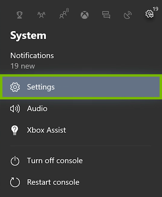 Settings option highlighted in Xbox One menu.