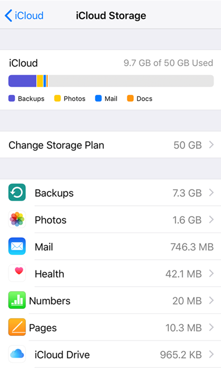 iOS icloud storage settings