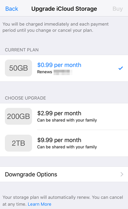 iOS icloud storage plans
