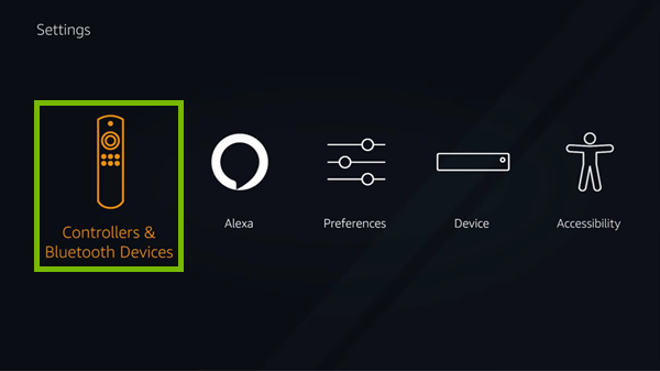 Controllers & Bluetooth Devices option highlighted in Fire TV settings.
