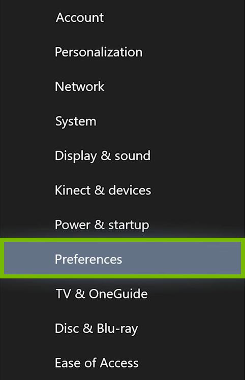 Preferences option highlighted in Xbox One settings.