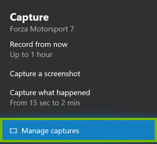 Manage captures option highlighted in Xbox One menu.