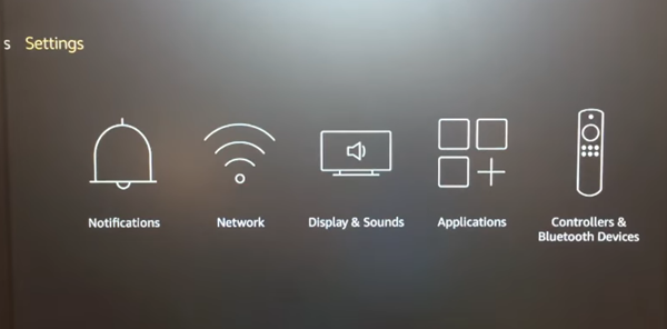 Fire TV menu with Settings selected. Screenshot.