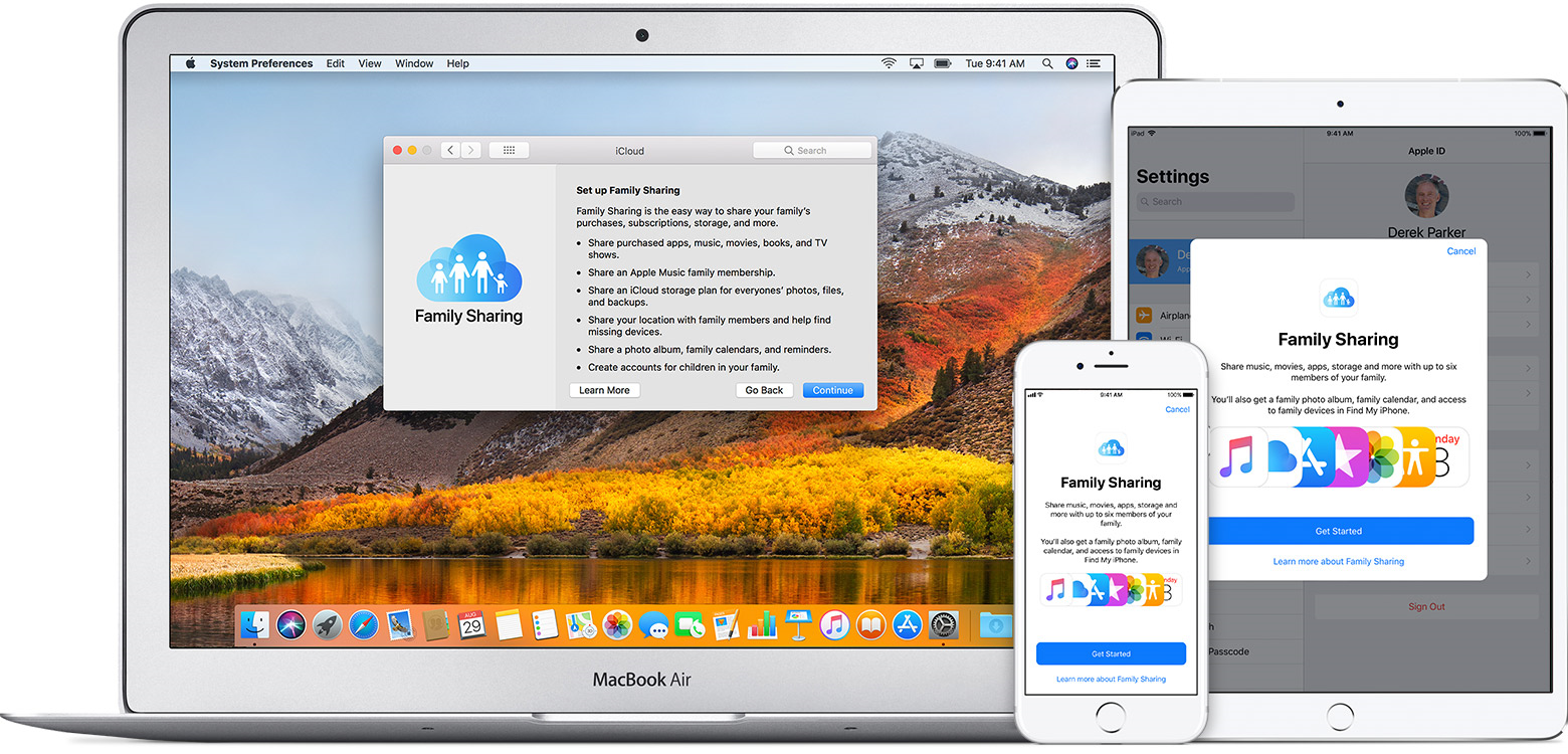 A Mac, iPad, and iPhone showing the Family Sharing page
