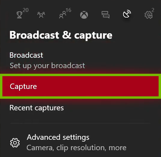 Capture option highlighted in Xbox One menu.