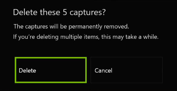 Delete option highlighted on confirmation prompt.