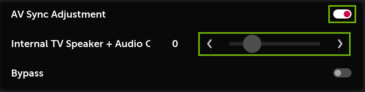 AV Sync Adjustment with enable toggle and adjustment slider highlighted.