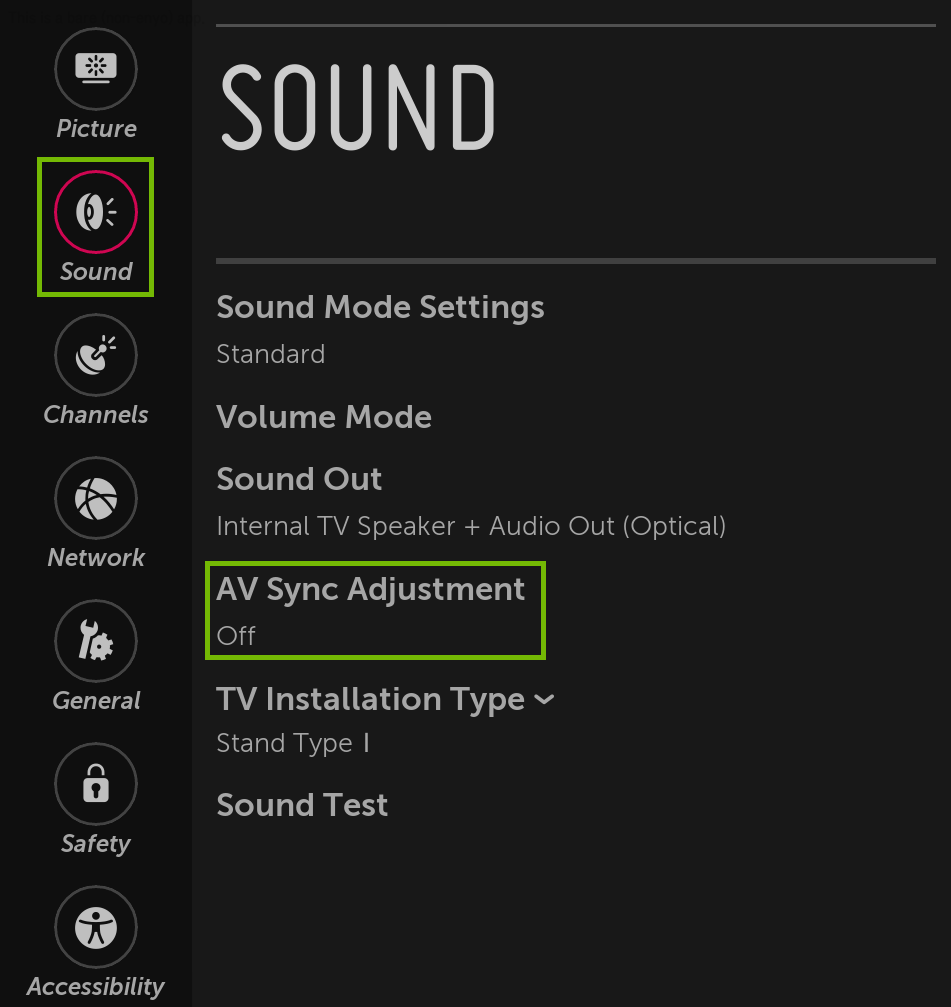 Sound menu with AV Sync highlighted.