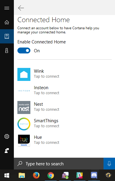 Smart home service providers listed in Cortana menu.