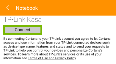 Connect highlighted for selected smart home service in Cortana app.
