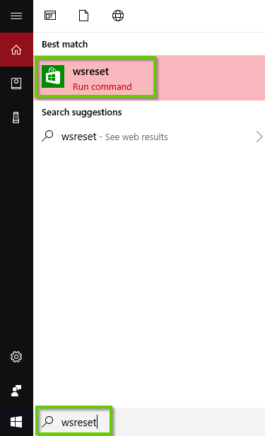 Windows Search showing wsreset command selected