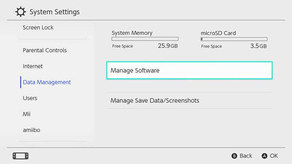 Switch's data management screen