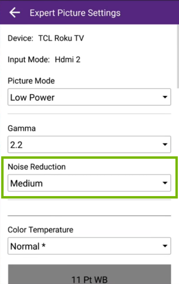 Noise Reduction option highlighted in Roku app.