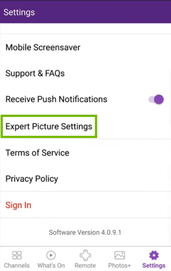 Expert Picture Settings highlighted in Roku app.