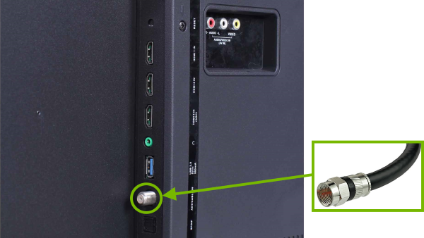 Coaxial cable and TV connector on rear highlighted.
