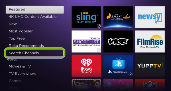 Search Channels option highlighted in Roku Streaming Channels store.