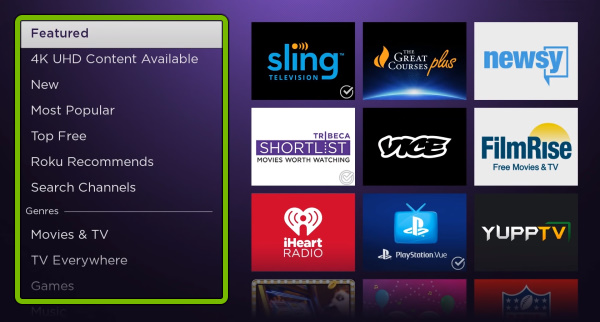 Categories highlighted in Streaming Channels store on Roku.
