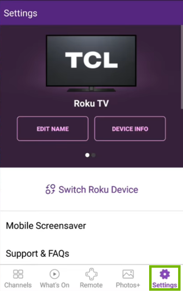 Settings option highlighted in Roku app.
