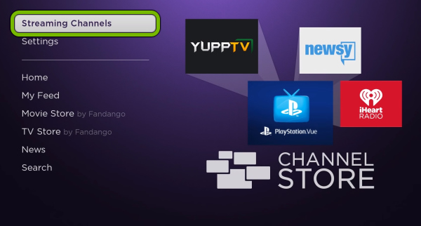 Streaming Channels options highlighted in Roku menu.