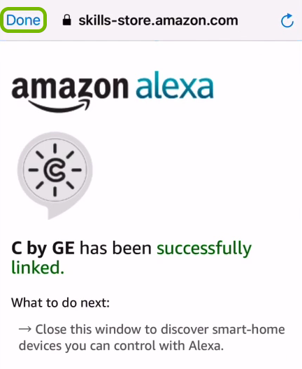 Done option highlighted on device linking screen in Alexa app.
