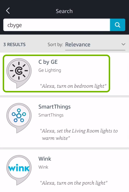 C by GE Alexa skill highlighted in search results of Alexa app.