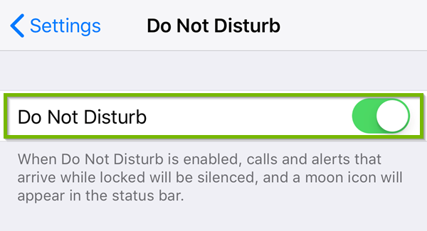 iOS do not disturb settings showing the toggle highlighted