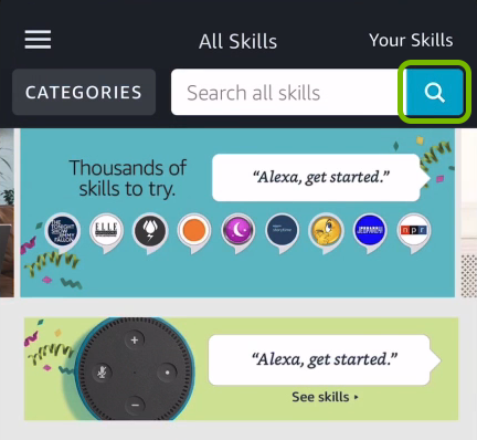 Search symbol highlighted in Alexa app.