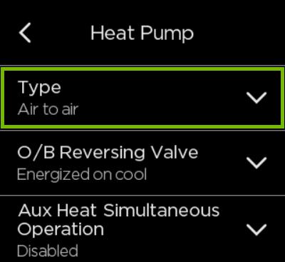 Type option highlighted in ecobee settings.
